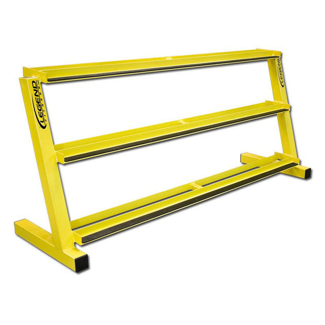 Yellow metal dumbbell storage rack on a white background