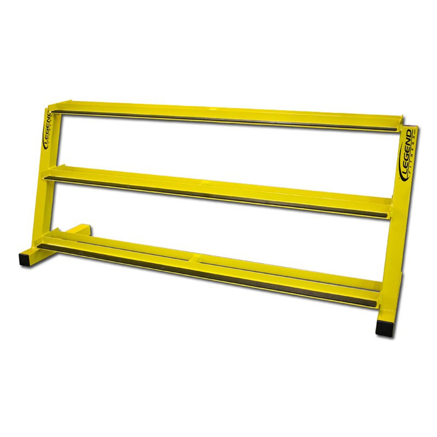 Yellow metal dumbbell storage rack on a white background