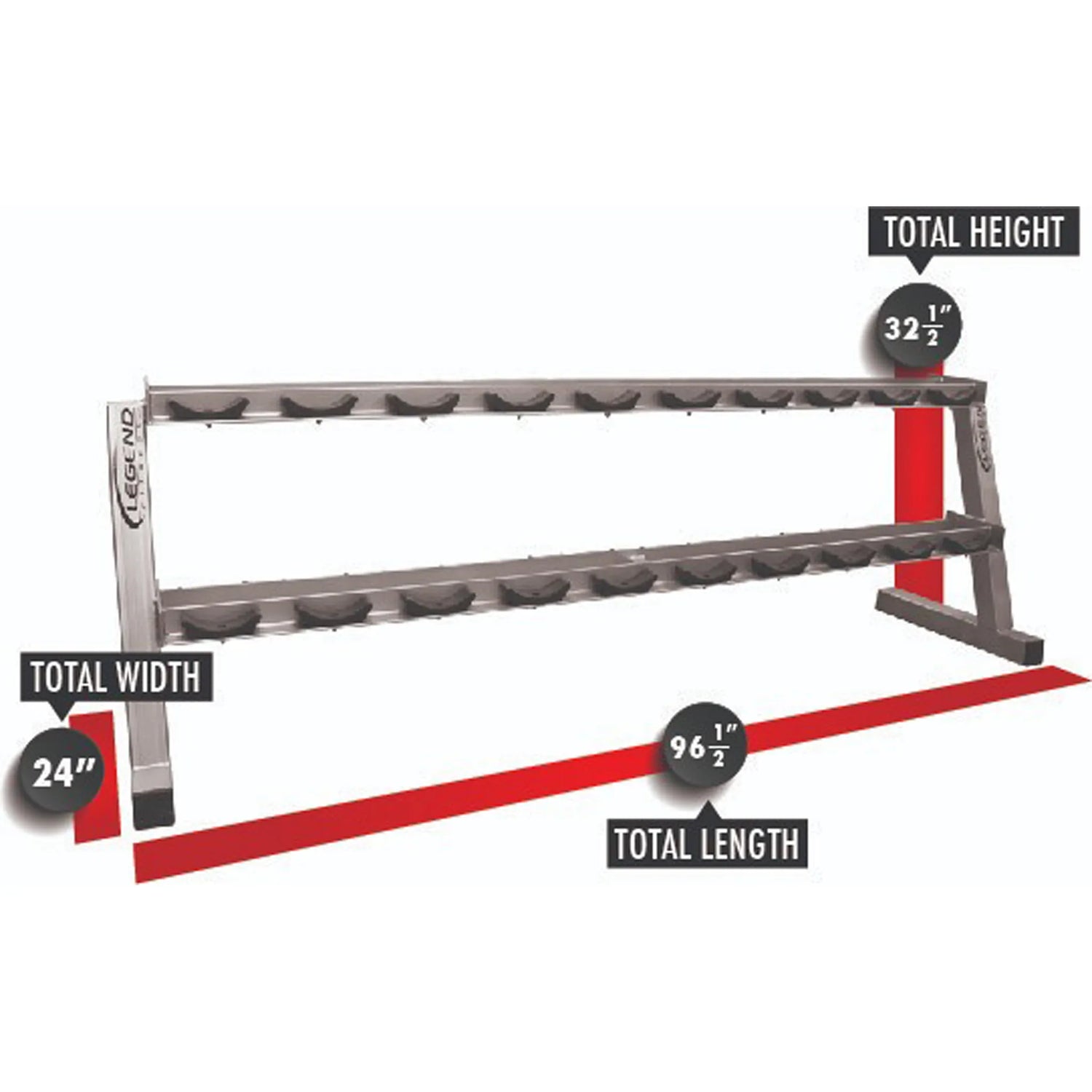 Dumbbell rack with measurements labeled on a white background
