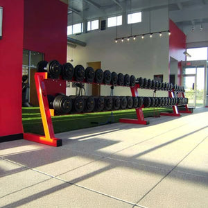 Row of red dumbbell racks with dumbbells on them in a gym setting
