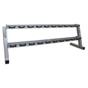 Silver metal dumbbell storage rack with black saddles on a white background