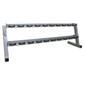 Silver metal dumbbell storage rack with black saddles on a white background