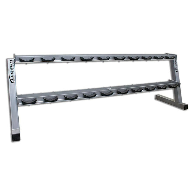 Silver metal dumbbell storage rack with black saddles on a white background