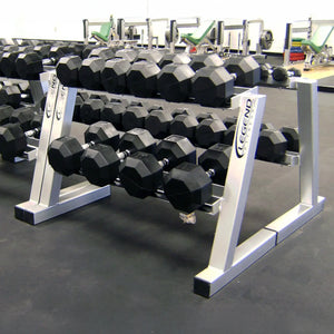Dumbbell rack with Legend Fitness branding in a gym setting