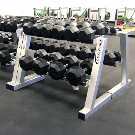 Dumbbell rack with Legend Fitness branding in a gym setting