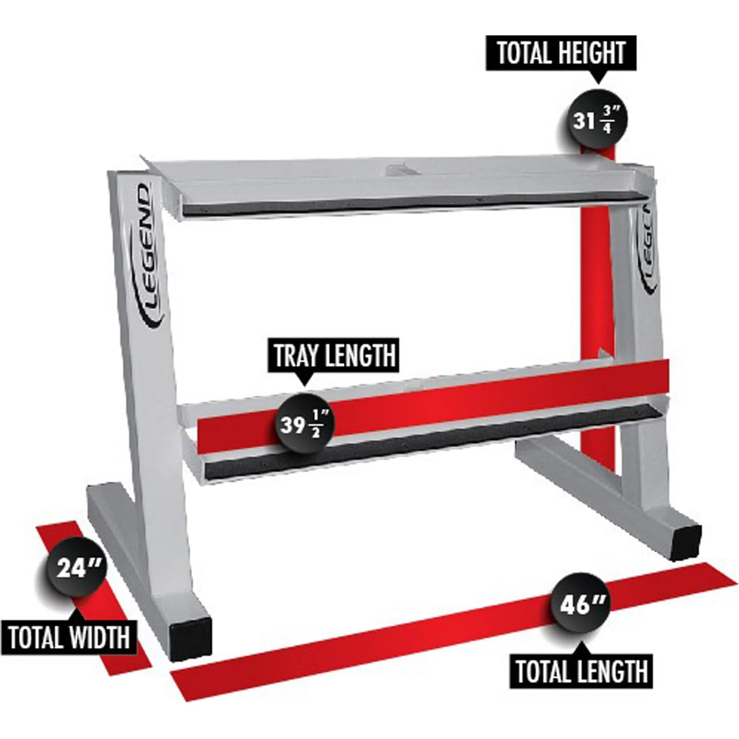 White dumbbell storage rack on a white background with red labels and dimensions