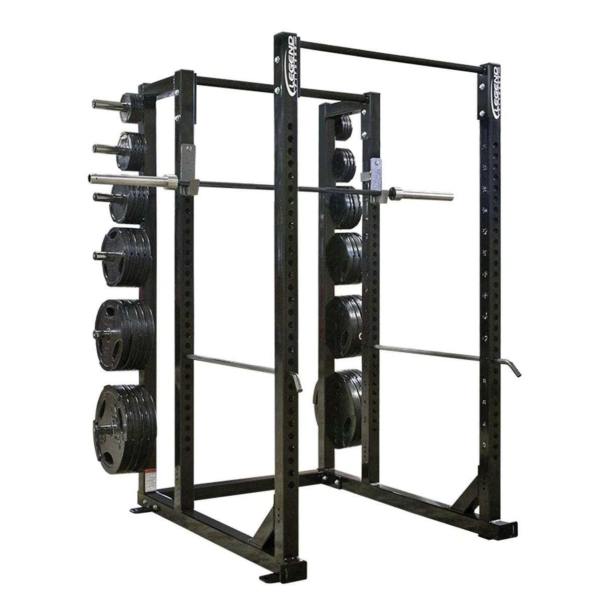 Black power rack with weight plates on a white background