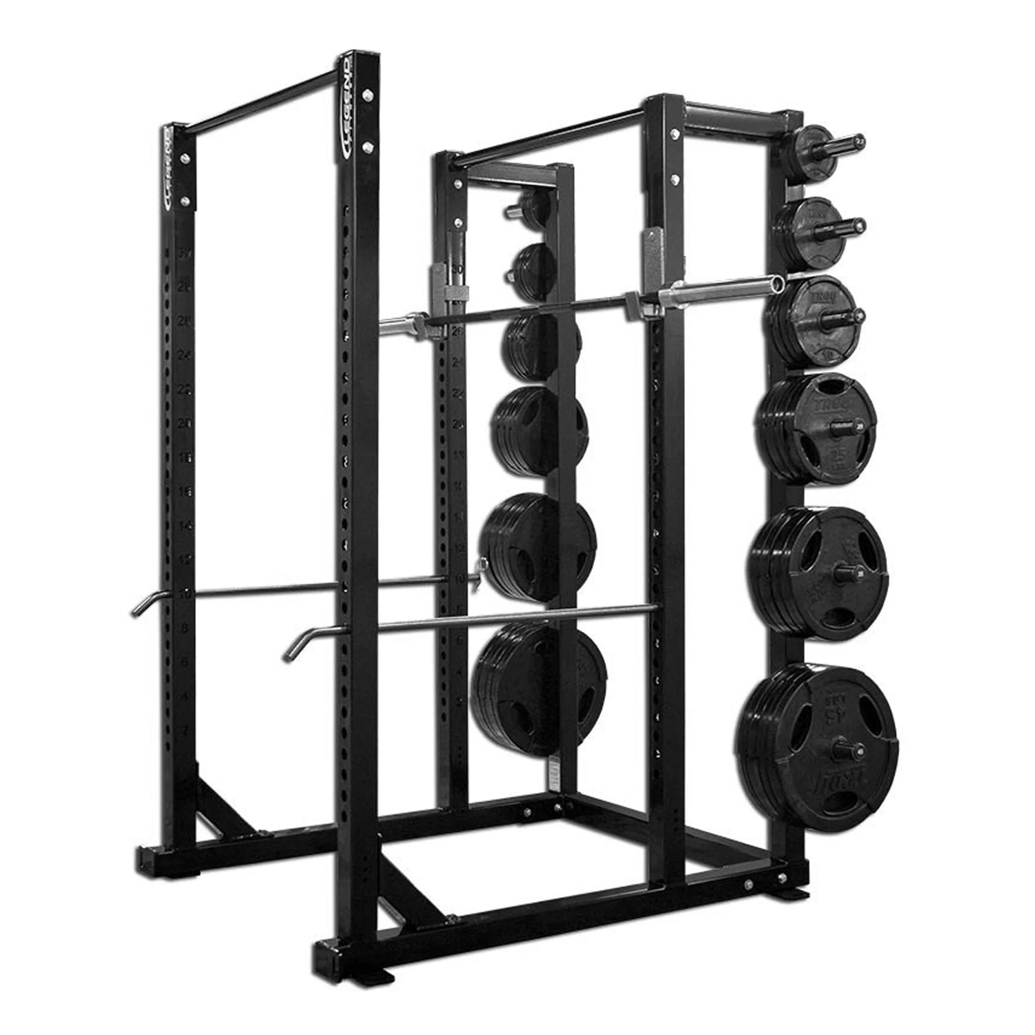 Black weight rack with weight plates on a white background