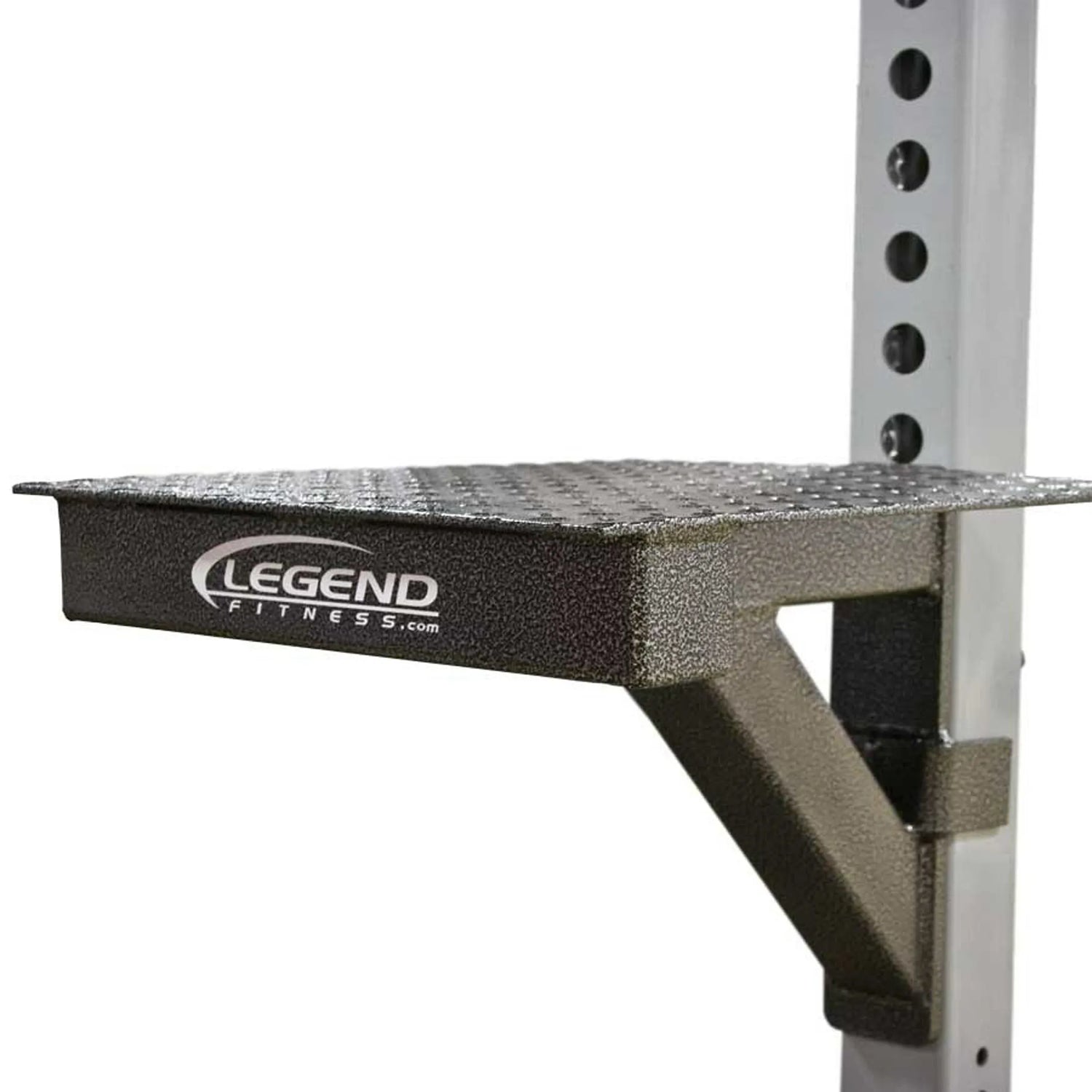 A black and silver metal step-up attachment mounted to a white metal vertical post with a white background