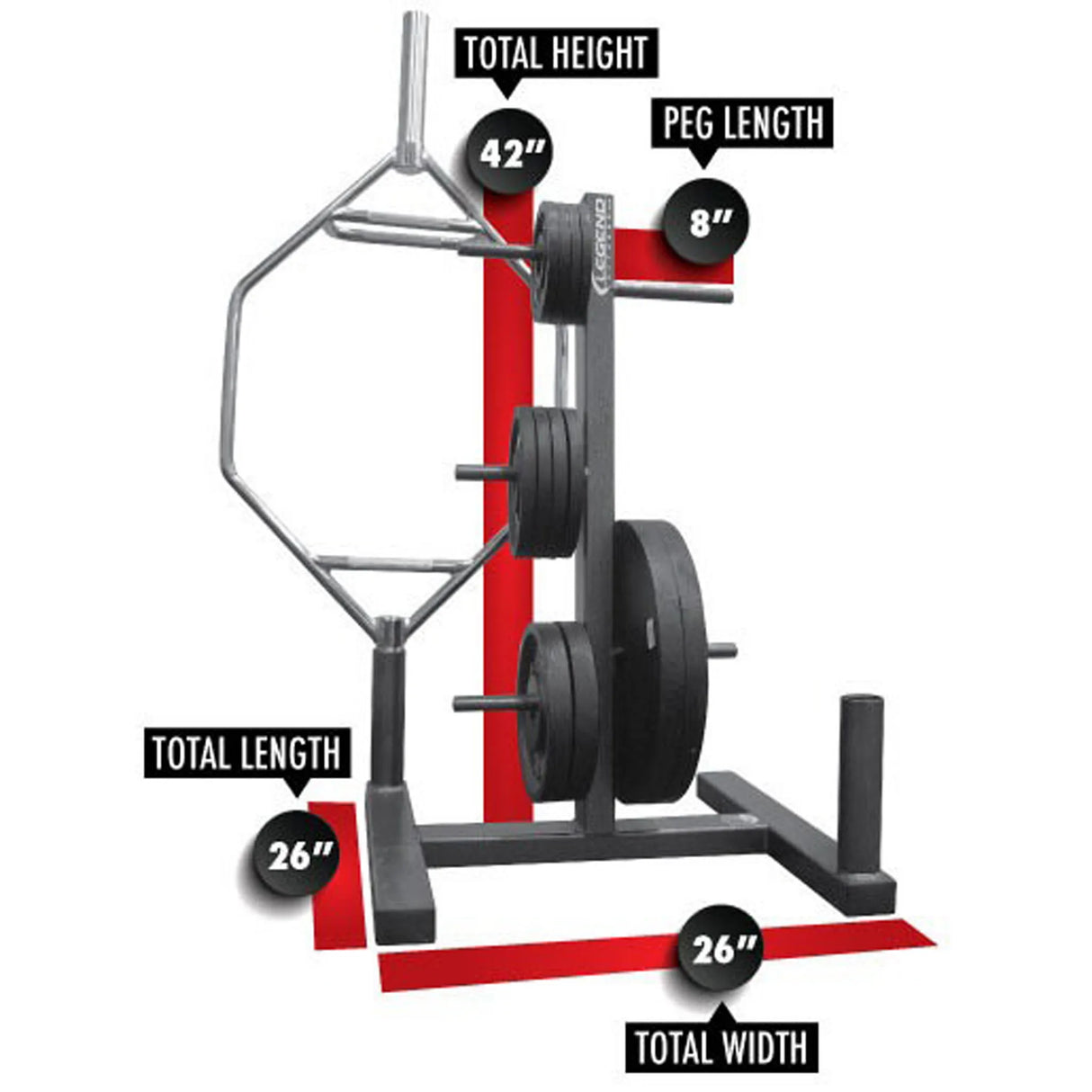 A black storage rack with plates and a hex bar on it on a white background with labels and dimensions