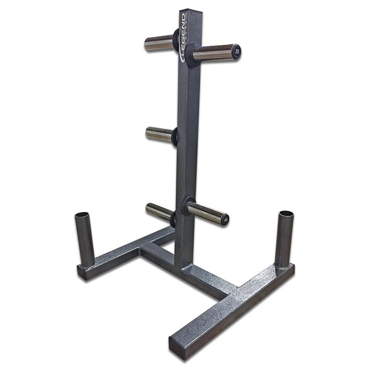 A silver weight plate storage tree on a white background