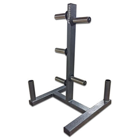 A silver weight plate storage tree on a white background