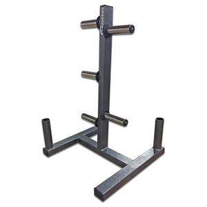 A silver weight plate storage tree on a white background