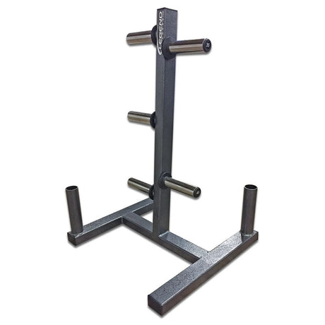 A silver weight plate storage tree on a white background