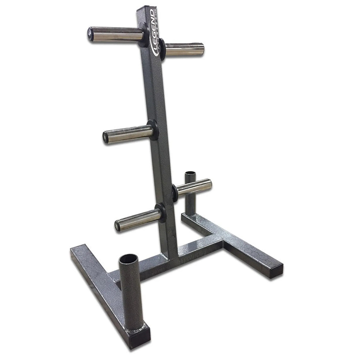 A silver weight plate storage rack on a white background