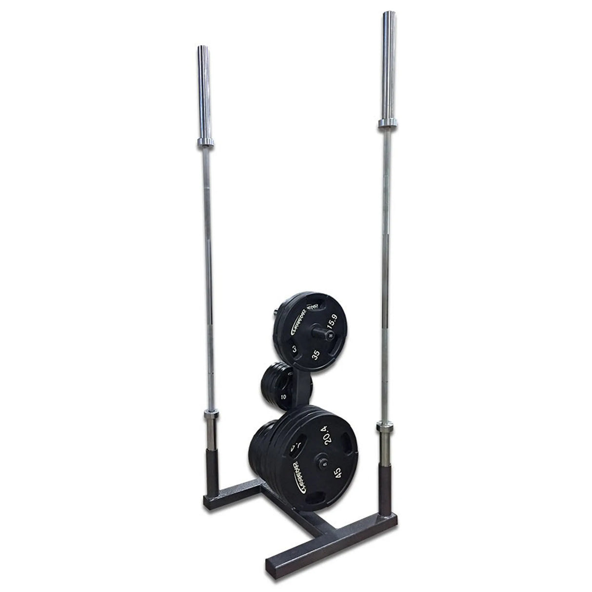 A silver storage rack with plates and barbells on it on a white background