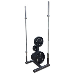 A silver storage rack with plates and barbells on it on a white background