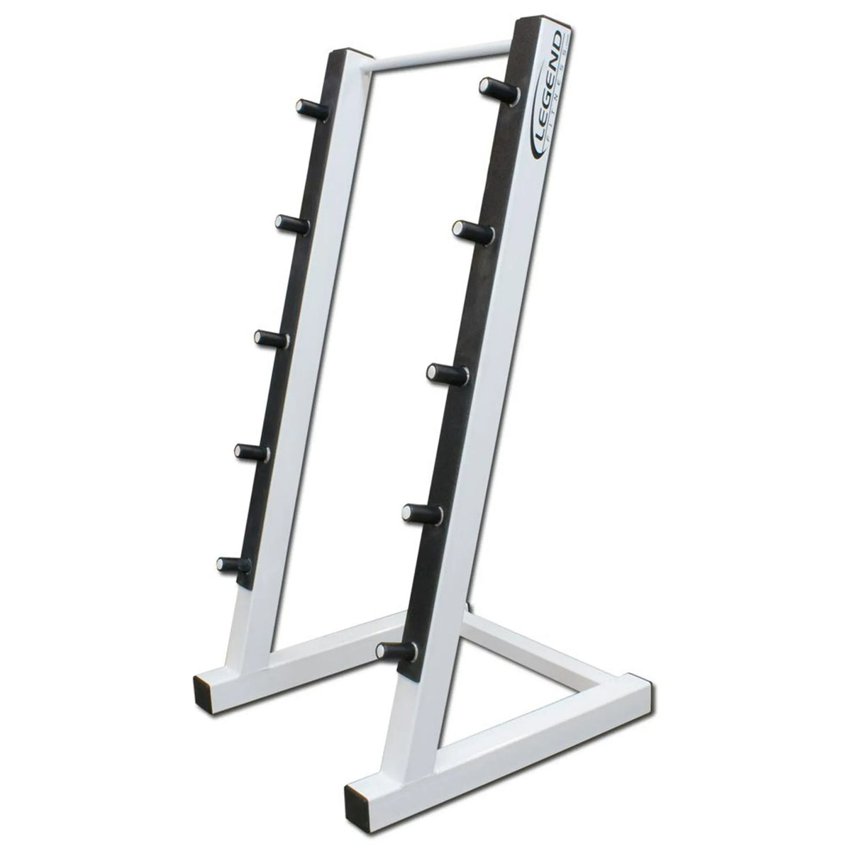 A white barbell storage rack on a white background