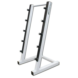 A white barbell storage rack on a white background