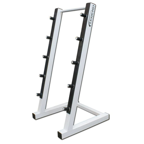 A white barbell storage rack on a white background