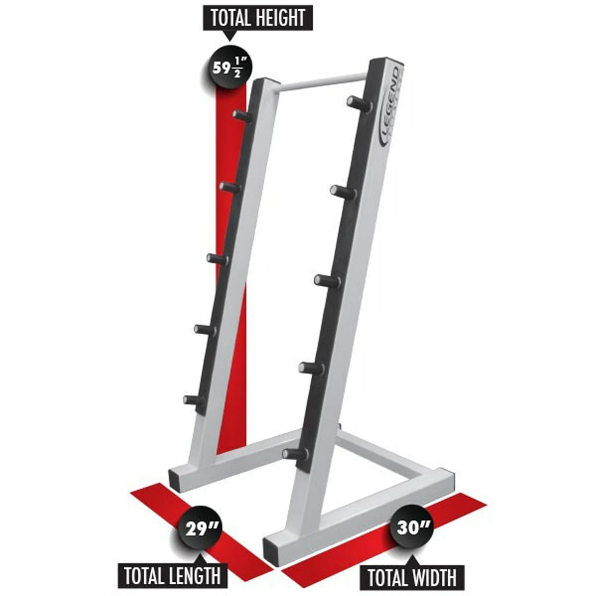 A white barbell storage rack on a white background with red measurement labels and dimensions