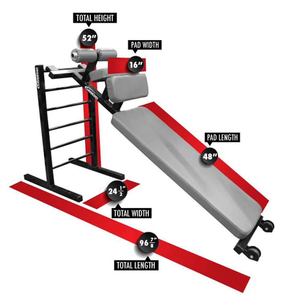 A black and gray sit up bench on a white background with labels and dimensions