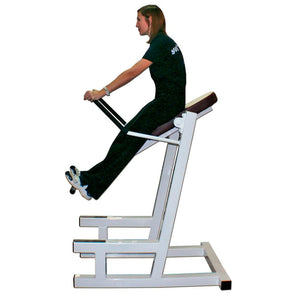 A person using a fitness core machine on a white background.