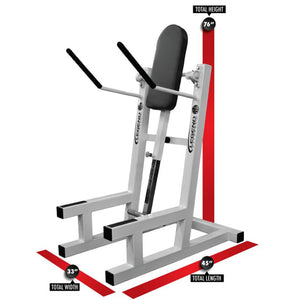 A black and white fitness machine on a white background with red labels and dimensions.