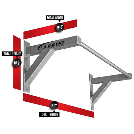 Metal wall-mounted pull-up bar with 'Legend Fitness' branding on a white background with labels and dimensions