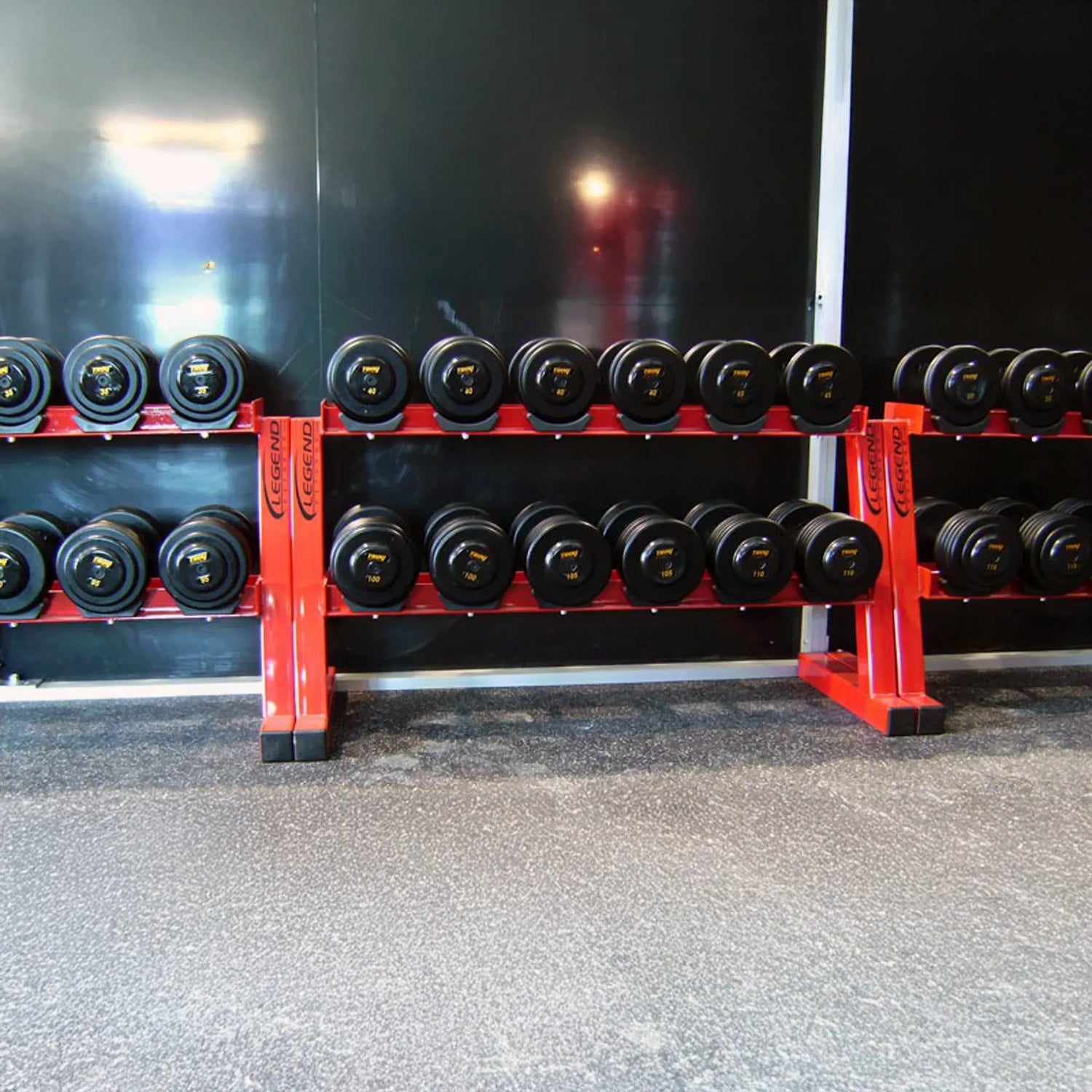 Row of dumbbells on multiple red racks in a gym setting