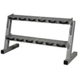 Metal dumbbell rack with black saddles on a white background