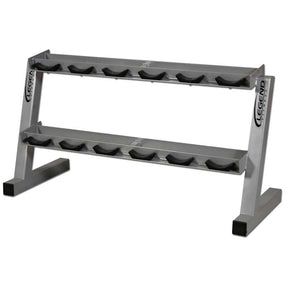Metal dumbbell rack with black saddles on a white background