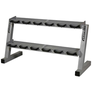 Metal dumbbell rack with black saddles on a white background
