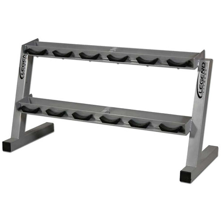 Metal dumbbell rack with black saddles on a white background