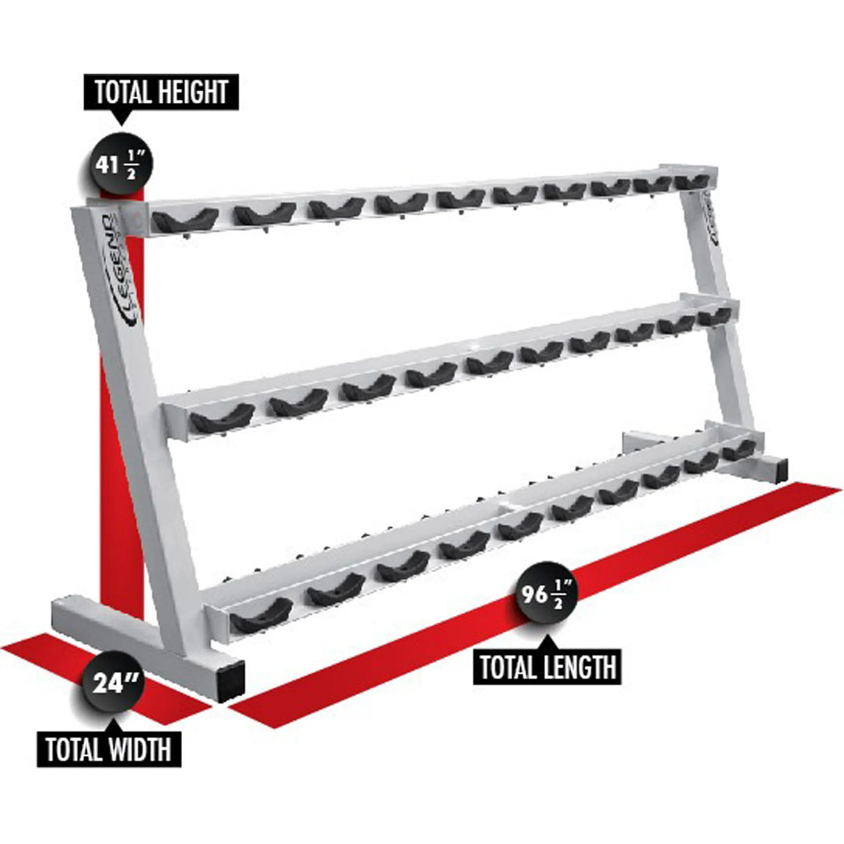 A white dumbbell storage rack with black saddles and a white background with red labels and dimensions