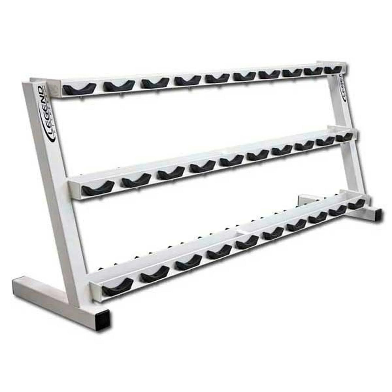 A white dumbbell storage rack with black saddles and a white background