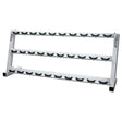 A white dumbbell storage rack with black saddles and a white background
