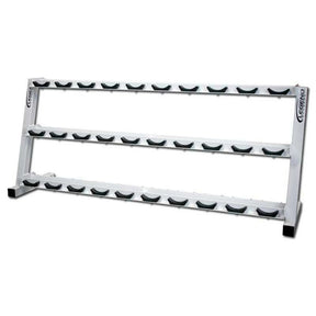 A white dumbbell storage rack with black saddles and a white background
