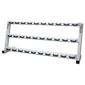 A white dumbbell storage rack with black saddles and a white background