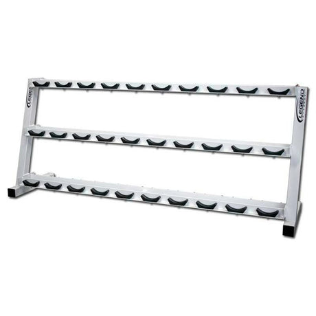 A white dumbbell storage rack with black saddles and a white background