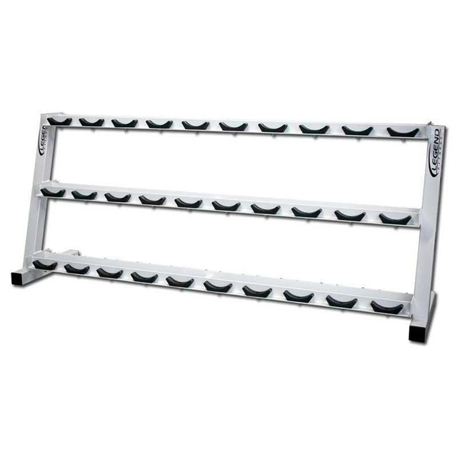 A white dumbbell storage rack with black saddles and a white background