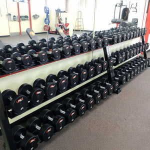 Row of dumbbells on multiple racks in a gym setting