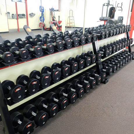 Row of dumbbells on multiple racks in a gym setting