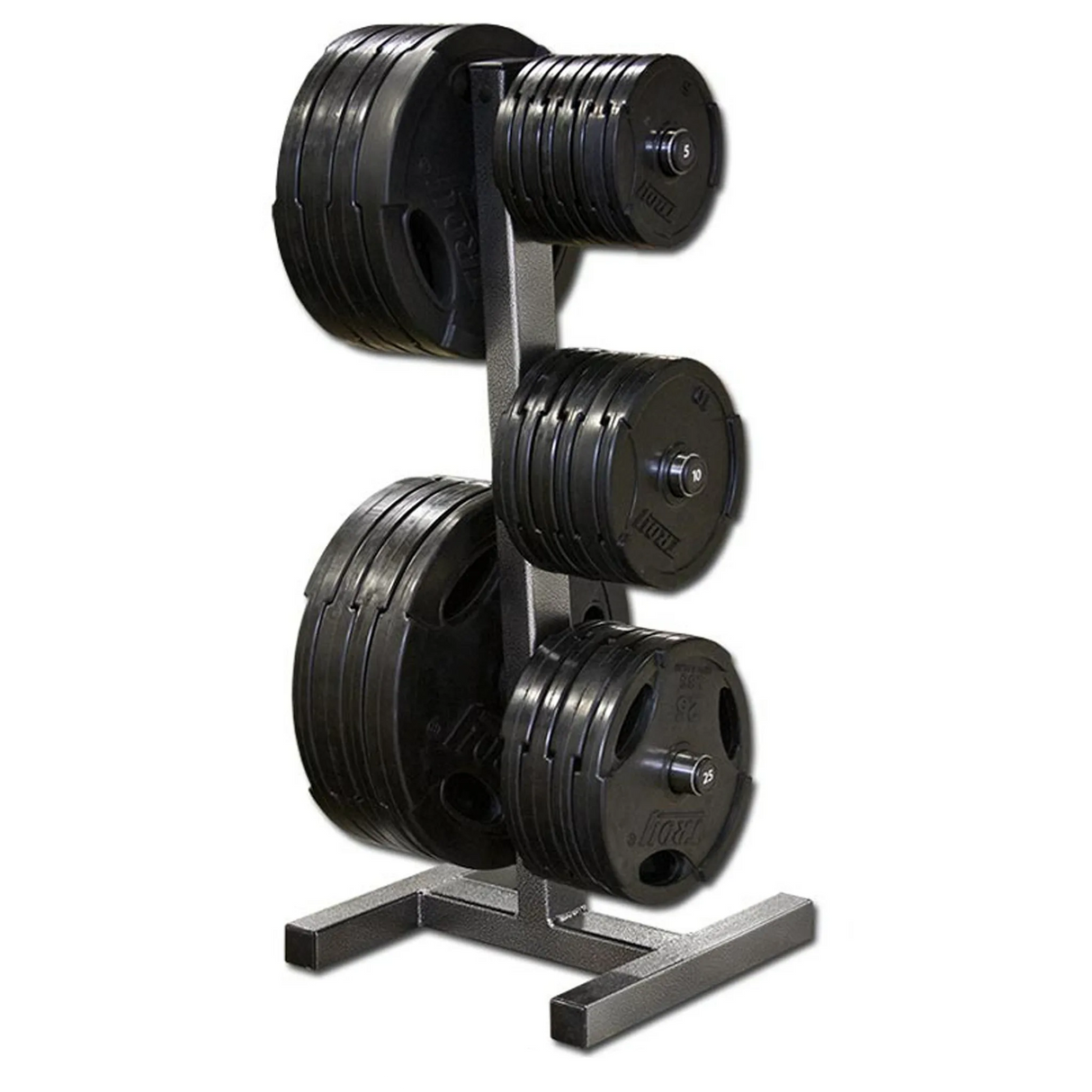Set of weight plates on a stand with a white background
