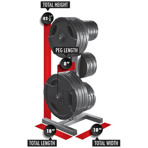 Set of weight plates on a stand with a white background and some red labels and measurements