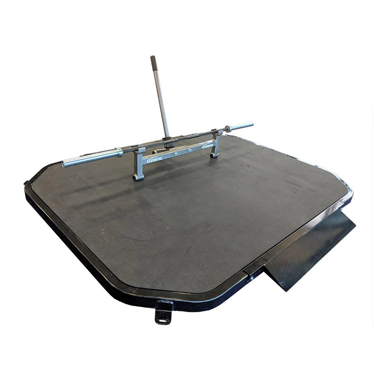 Black lifting platform with a barbell and a barbell jack on a white background