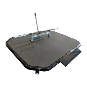 Black lifting platform with a barbell and a barbell jack on a white background