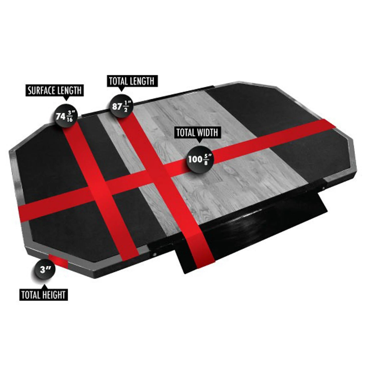 A wood and rubber lifting platform with red measurements markings on a white background