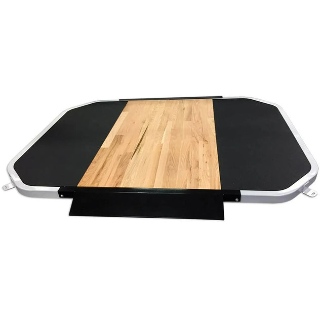 Wooden platform with black sides and a white frame on a white background