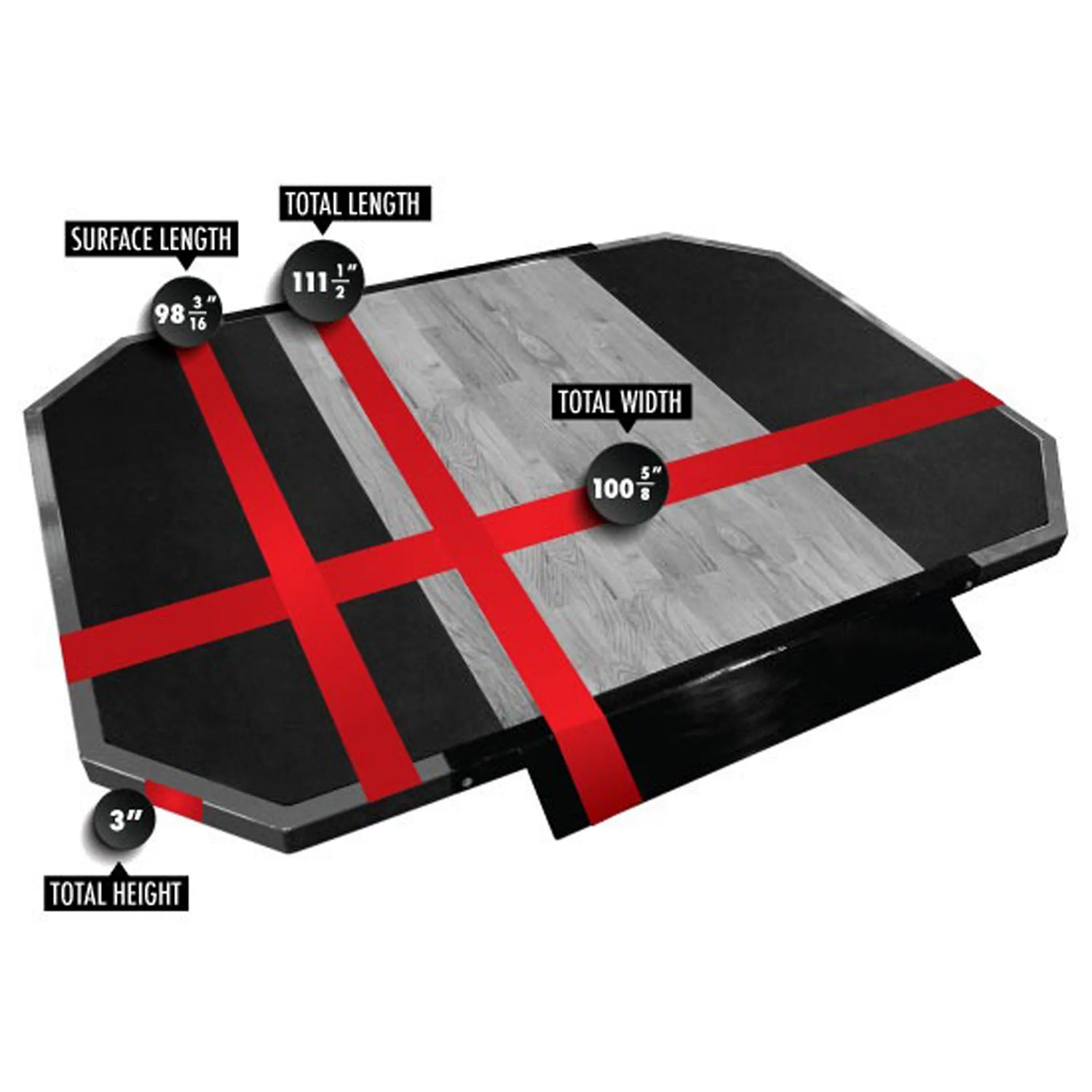 Wooden platform with black rubber sides with red markings and dimensions